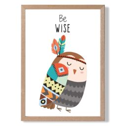 ARTZE Be Wise Owl Tribal Animal Quote Framed Print SIZE: A3 with Oak Frame in Grey - Size: A4