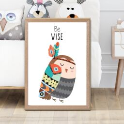 ARTZE Be Wise Owl Tribal Animal Quote Framed Print SIZE: A3 with Oak Frame in Grey - Size: A4 - thumbnail 2