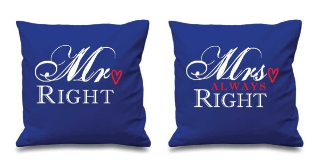 "60 SECOND MAKEOVER Mr Right Mrs Always Right Blue Cushion Covers 16"" x 16"" Couples Cushions Valentines Wedding Anniversary Bedroom Decorati"