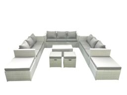 Fimous 8 Pieces Rattan Garden Furniture Set Outdoor Garden Sofa Coffee Table Set with 4 Footstools Light Grey Mixed - thumbnail 1