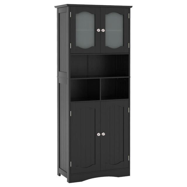 Gymax Freestanding Bathroom Tall Cabinet With Glass Doors Adjustable Shelves in Black - image 1