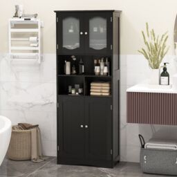 Gymax Freestanding Bathroom Tall Cabinet With Glass Doors Adjustable Shelves in Black - thumbnail 3