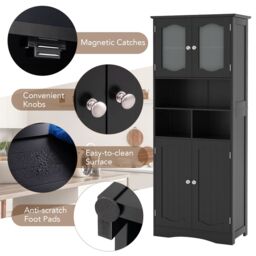 Gymax Freestanding Bathroom Tall Cabinet With Glass Doors Adjustable Shelves in Black - thumbnail 6