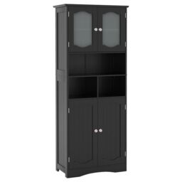 Gymax Freestanding Bathroom Tall Cabinet With Glass Doors Adjustable Shelves in Black