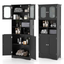 Gymax Freestanding Bathroom Tall Cabinet With Glass Doors Adjustable Shelves in Black - thumbnail 4