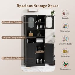 Gymax Freestanding Bathroom Tall Cabinet With Glass Doors Adjustable Shelves in Black - thumbnail 5