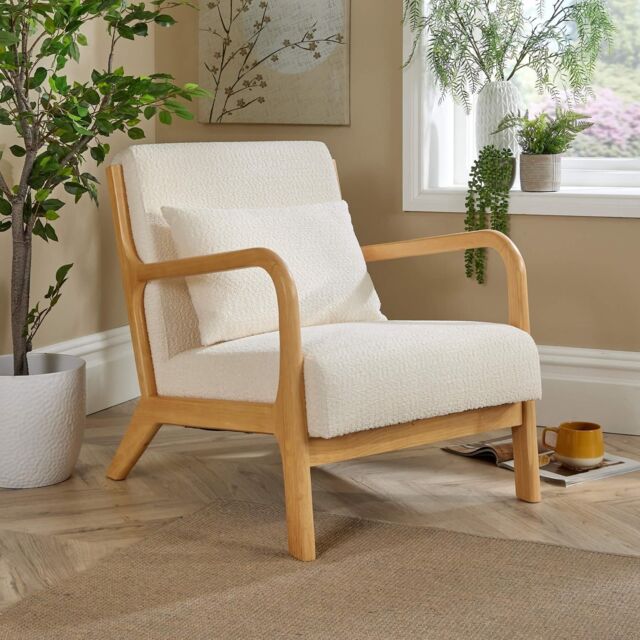 Home Source Boucle Wooden Armchair Teddy Fur Cream Modern Home Chair Seating - image 1