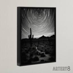 "Artery8 Night Sky Stars Time Lapse Over Desert Cactus Framed Canvas Wall Art Print in Grey - Size: W12"" x H16""" - thumbnail 2