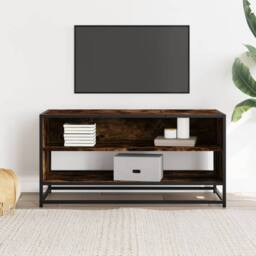 Berkfield Home TV Cabinet Smoked Oak 91x40x46 cm Engineered Wood & Metal in Brown - Size: 91 x 40 x 46 cm - thumbnail 3