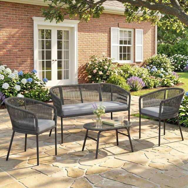 OUTSUNNY 4 Piece Garden Furniture Set, Rope Woven Outdoor Sofa, Dark Grey - image 1