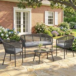 OUTSUNNY 4 Piece Garden Furniture Set, Rope Woven Outdoor Sofa, Dark Grey - thumbnail 1