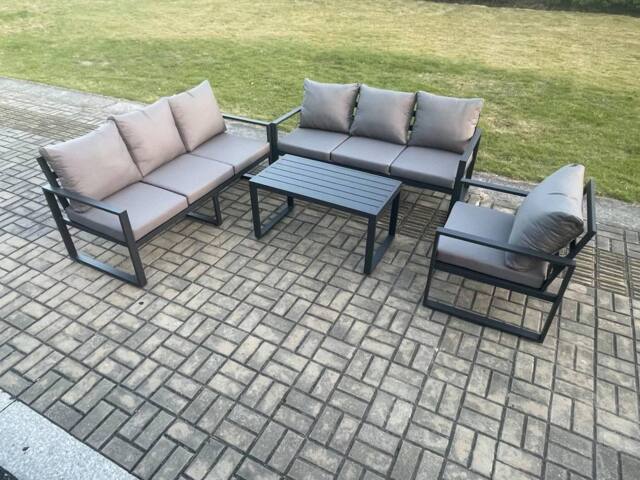 Fimous Aluminium 7 Seater Garden Furniture Outdoor Patio Sofa Set with Rectangular Coffee Table Armchair Dark Grey - image 1