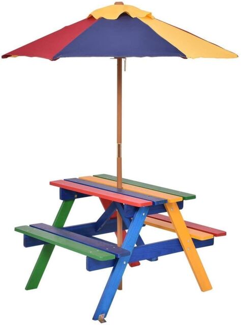 Costway Garden Children Picnic Table Bench w/ Umbrella Outdoor Kids Wooden Rainbow Parasol Set in Blue - image 1