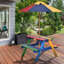 Costway Garden Children Picnic Table Bench w/ Umbrella Outdoor Kids Wooden Rainbow Parasol Set in Blue - thumbnail 3