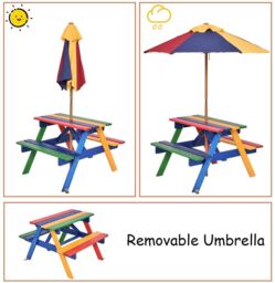 Costway Garden Children Picnic Table Bench w/ Umbrella Outdoor Kids Wooden Rainbow Parasol Set in Blue - thumbnail 5