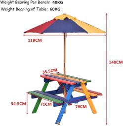 Costway Garden Children Picnic Table Bench w/ Umbrella Outdoor Kids Wooden Rainbow Parasol Set in Blue - thumbnail 2