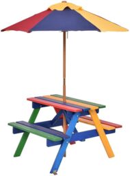 Costway Garden Children Picnic Table Bench w/ Umbrella Outdoor Kids Wooden Rainbow Parasol Set in Blue - thumbnail 1