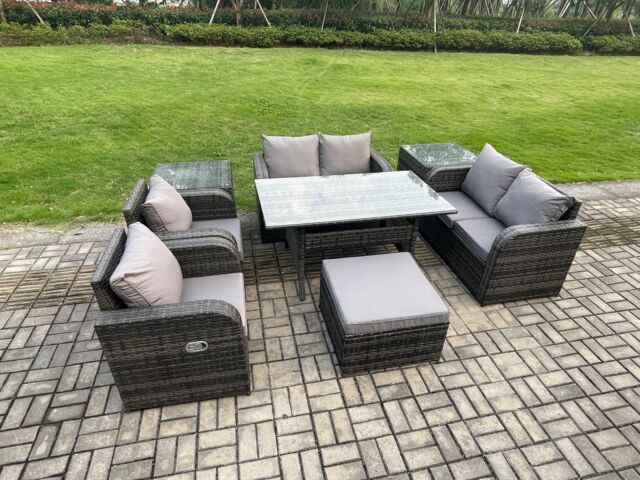 Fimous Rattan Outdoor Furniture Garden Dining Set Rectangular Table & Chair Sofa Set With 2 Side Tables Big Footstool in Dark Grey - image 1