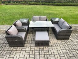 Fimous Rattan Outdoor Furniture Garden Dining Set Rectangular Table & Chair Sofa Set With 2 Side Tables Big Footstool in Dark Grey - thumbnail 2