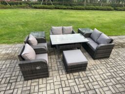 Fimous Rattan Outdoor Furniture Garden Dining Set Rectangular Table & Chair Sofa Set With 2 Side Tables Big Footstool in Dark Grey - thumbnail 1