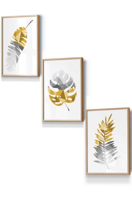ARTZE Geometric Tropical Leaves In Yellow Grey Framed Wall Art - Small in Light Oak - Size: W33 cm x H45 cm x D20mm - image 1
