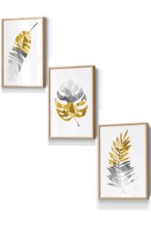 ARTZE Geometric Tropical Leaves In Yellow Grey Framed Wall Art - Small in Light Oak - Size: W33 cm x H45 cm x D20mm