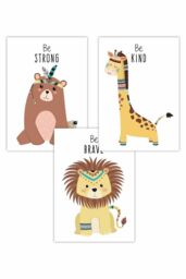 ARTZE Set of 3 Nursery Tribal Lion, Bear, Giraffe Quote Prints Art Posters in Yellow - Size: W50 cm x H70 cm - thumbnail 1