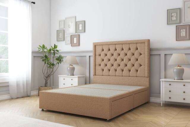 "Sloomy Montana Dumfries Divan Bed Base 4 Drawers - 54"" Headboard in Light Brown - Size: Small Double" - image 1