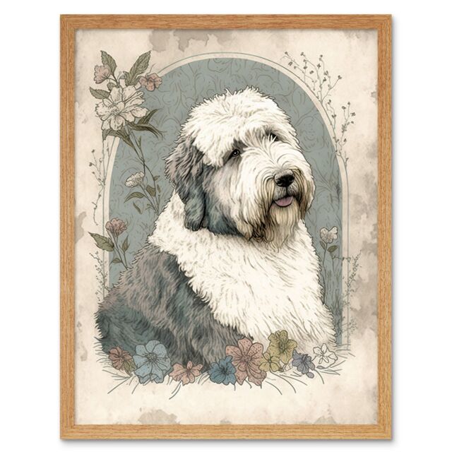 "Artery8 Wall Art Print English Sheepdog with Flower Blooms Boho Portrait Watercolour Art Framed in Light Oak - Size: W12"" x H16""" - image 1