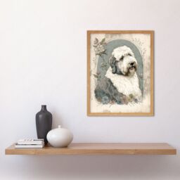 "Artery8 Wall Art Print English Sheepdog with Flower Blooms Boho Portrait Watercolour Art Framed in Light Oak - Size: W12"" x H16""" - thumbnail 2