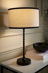 ValueLights Maeve Natural Linen Black Trim Drum Shade Matte Black Bobbin Bobble Table Lamp
