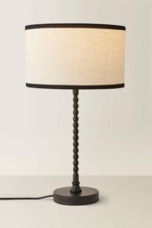 ValueLights Maeve Natural Linen Black Trim Drum Shade Matte Black Bobbin Bobble Table Lamp - thumbnail 3