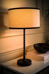 ValueLights Maeve Natural Linen Black Trim Drum Shade Matte Black Bobbin Bobble Table Lamp - thumbnail 2