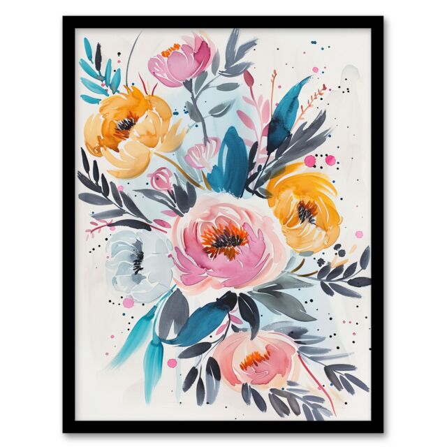"Artery8 Elegant Peony Flower Bouquet Floral Watercolour Framed Wall Art - Size: W12"" x H16""" - image 1