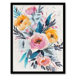 "Artery8 Elegant Peony Flower Bouquet Floral Watercolour Framed Wall Art - Size: W12"" x H16""" - thumbnail 1
