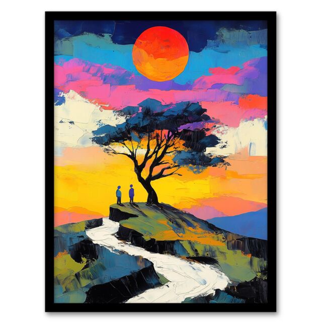 Artery8 Couple Watching Sunset Hilltop Colourful Romantic Framed Art Print - Size: A4 - image 1
