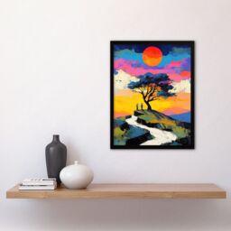 Artery8 Couple Watching Sunset Hilltop Colourful Romantic Framed Art Print - Size: A4 - thumbnail 4