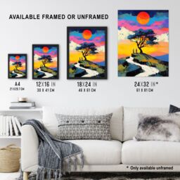 Artery8 Couple Watching Sunset Hilltop Colourful Romantic Framed Art Print - Size: A4 - thumbnail 3