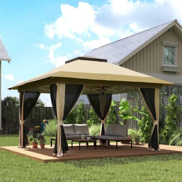 OUTSUNNY 3.6 x 3.6m Pop Up Gazebo with Netting & Wheeled Bag, Beige - image 1