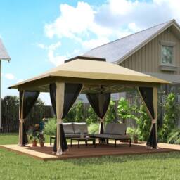 OUTSUNNY 3.6 x 3.6m Pop Up Gazebo with Netting & Wheeled Bag, Beige - thumbnail 1