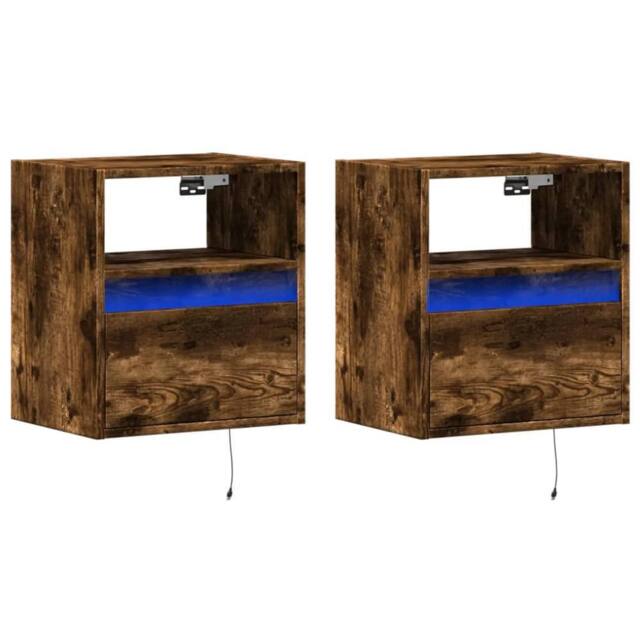 Berkfield Home Durable Wall-mounted Bedside Cabinets with LED Lights 2 pcs Smoked Oak in Brown - image 1