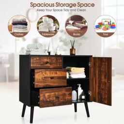 Costway Industrial Storage Cabinet Adjustable Wooden Buffet Sideboard W/ 3 Drawers &Door in Brown - thumbnail 5