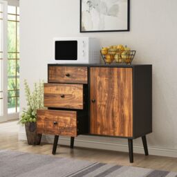 Costway Industrial Storage Cabinet Adjustable Wooden Buffet Sideboard W/ 3 Drawers &Door in Brown - thumbnail 3