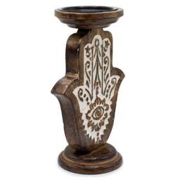 Serenityy Mango Wood Candle Stand - Hamsa Carving - Large in Brown - thumbnail 5