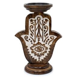 Serenityy Mango Wood Candle Stand - Hamsa Carving - Large in Brown - thumbnail 4