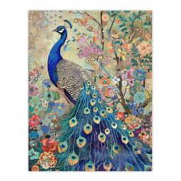 "Artery8 Detailed Blue Peacock Wildflower Forest Painting Wall Art Print in Green - Size: W12"" x H16""" - thumbnail 1