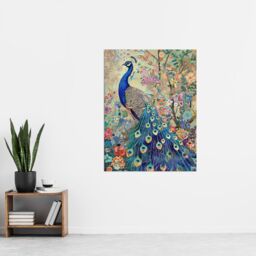 "Artery8 Detailed Blue Peacock Wildflower Forest Painting Wall Art Print in Green - Size: W12"" x H16""" - thumbnail 4