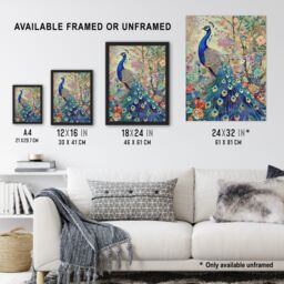 "Artery8 Detailed Blue Peacock Wildflower Forest Painting Wall Art Print in Green - Size: W12"" x H16""" - thumbnail 3