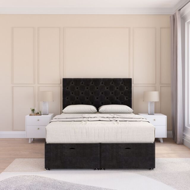 Sloomy Mayfair Plush Fabric Ottoman Bed End Opening With Sprung Memory Mattress & 26 Inch Headboard in Black - Size: Single - image 1