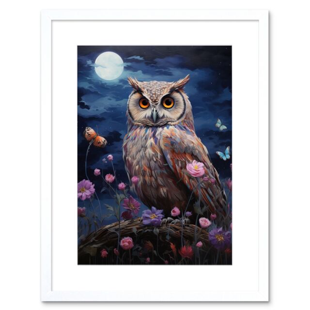 Artery8 Wall Art Print Majestic Owl Portrait Oil Painting Great Horned Purple Pink Blue Full Moon in Spring Meadow w/ Wildflowers Artwork Framed 9X7 - image 1